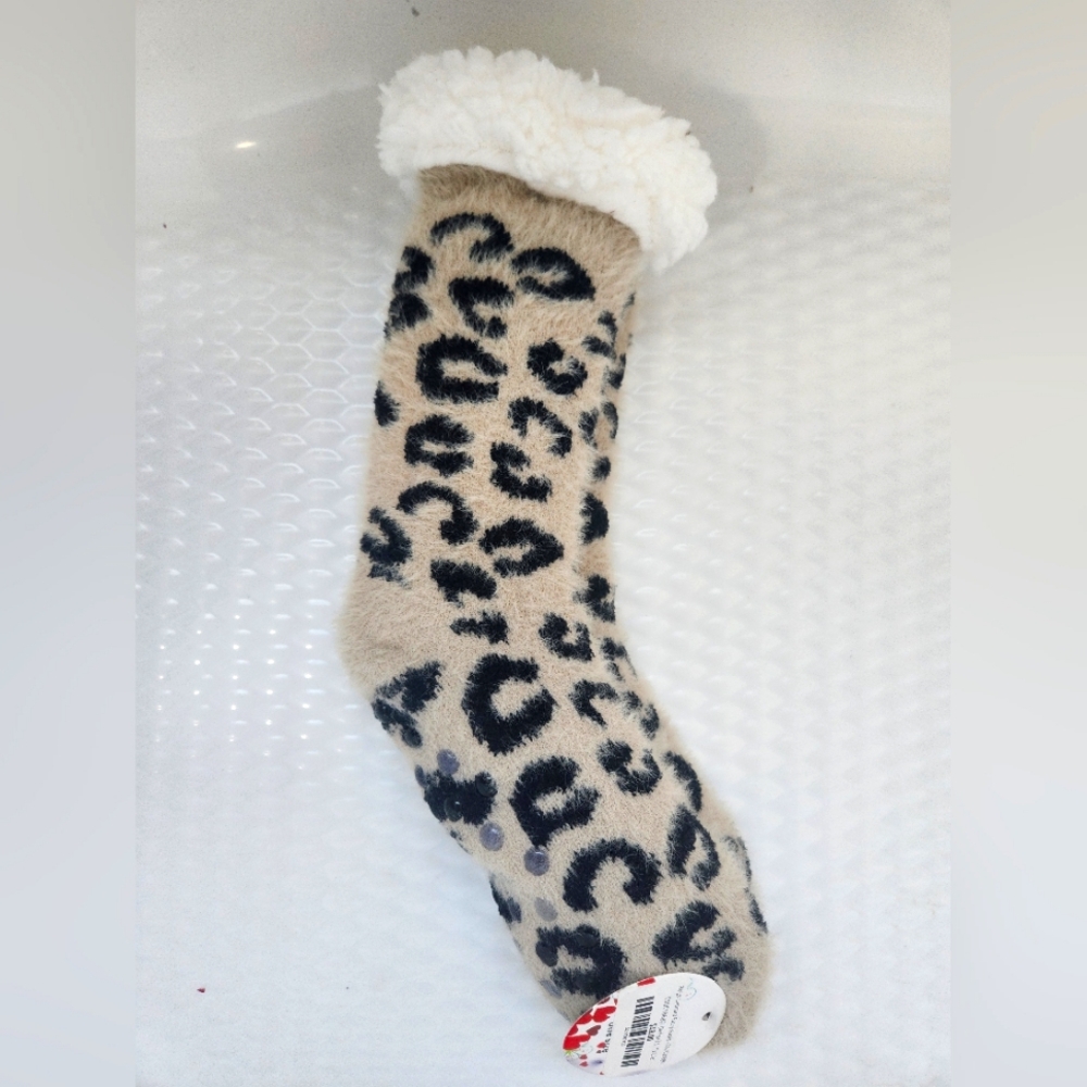 Beige Leopard Fuzzy Socks